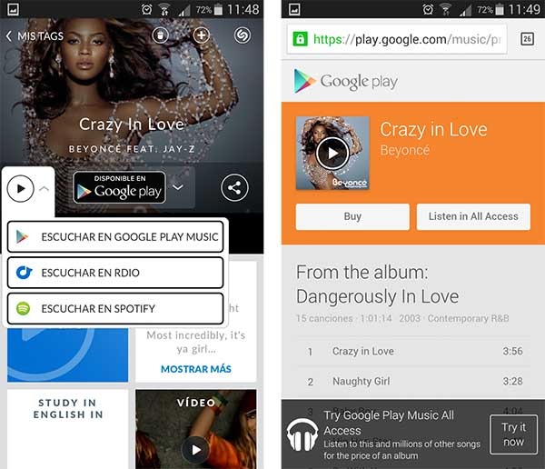 Shazam ofrece comprar o escuchar canciones en Google Play Music