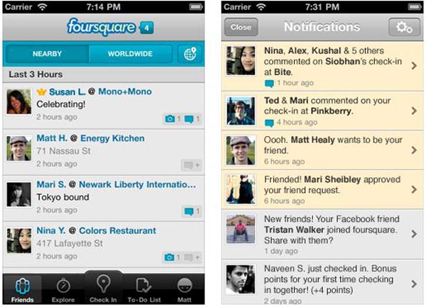 Foursquare, la aplicación para iPhone añade un icono de notificaciones 1