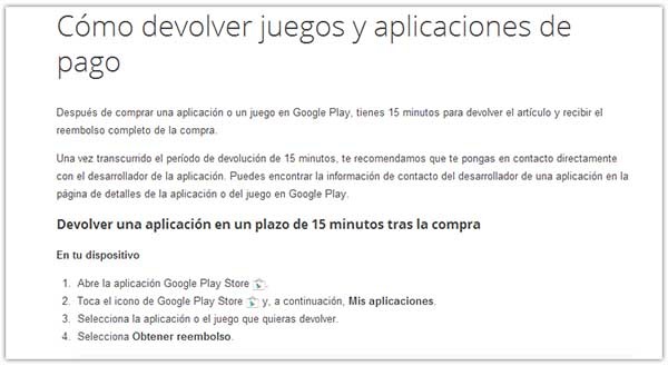 Google Play reembolso 2 horas