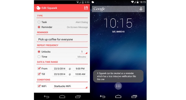 Squawk, aplicación de recordatorios para Android