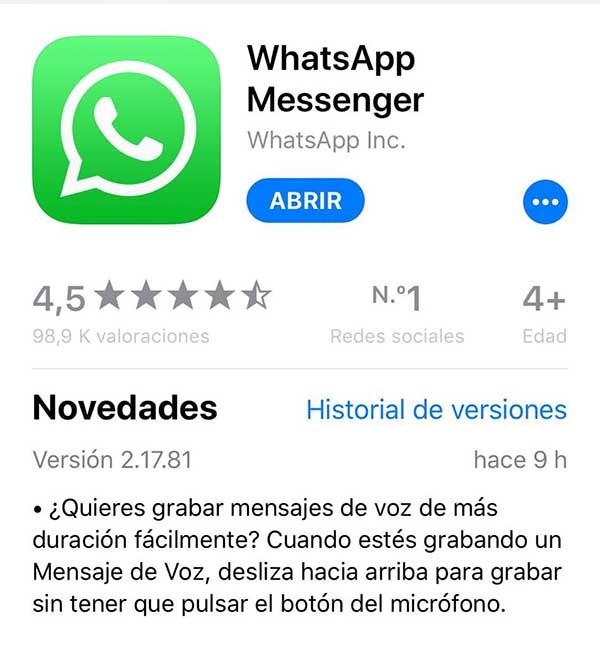 actualización whatsapp