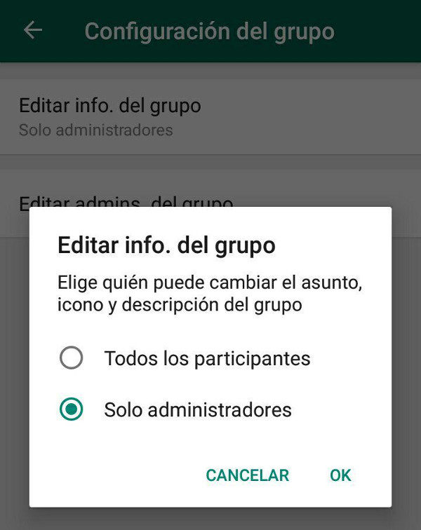 Cambio de foto y nombre de grupo de WhatsApp solo para administradores – Programa Beta