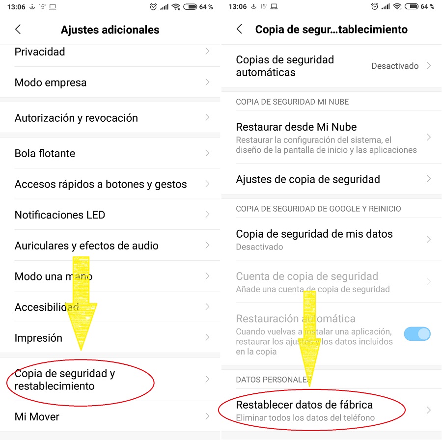 restablecer datos de fabrica