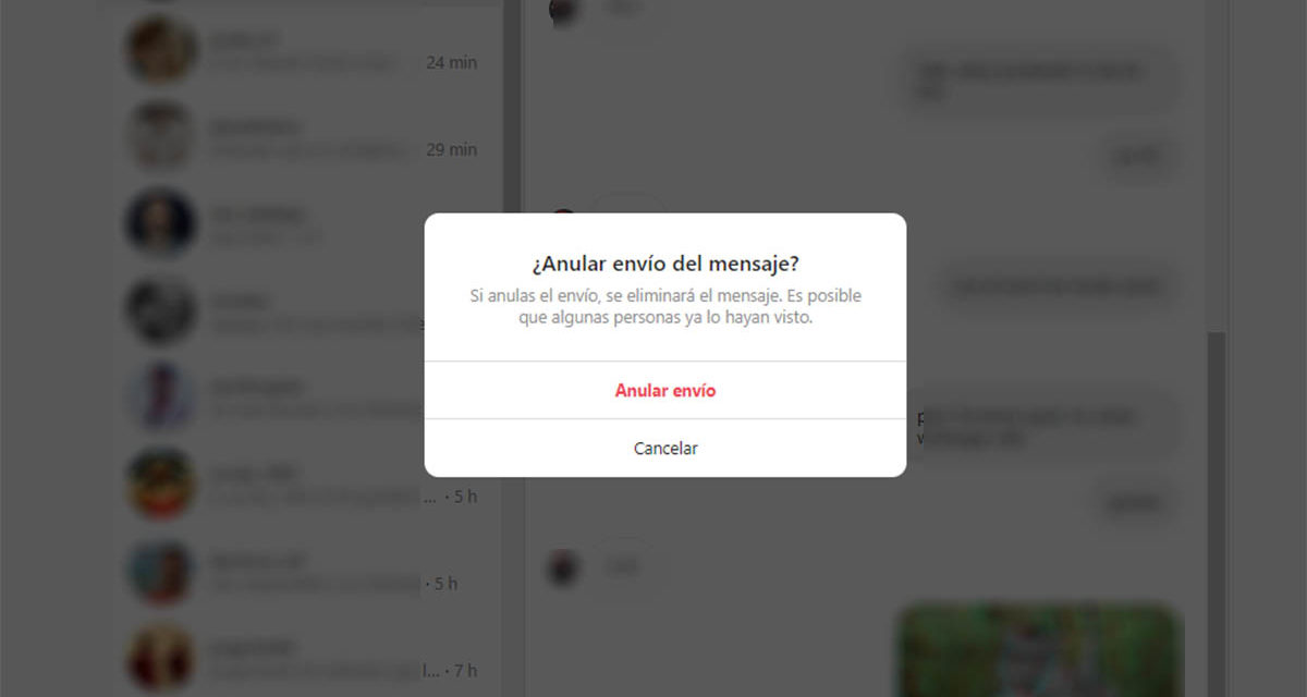 Anular envíos Instagram Direct PC