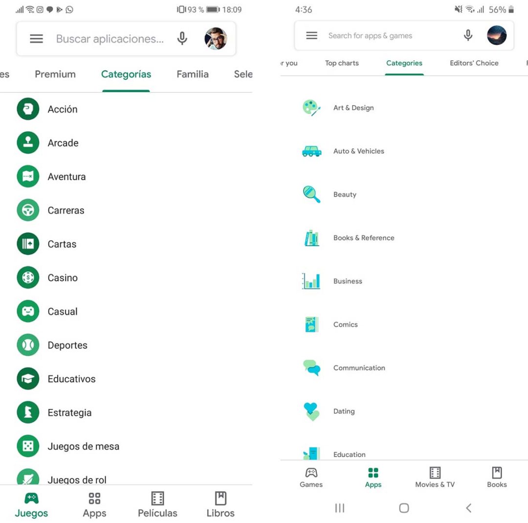 Este es el nuevo diseño y categorías de aplicaciones de Google Play Store