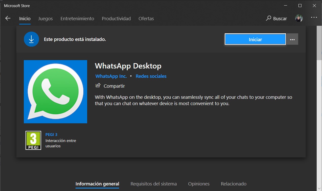 WhatsApp en la tienda de Windows 10