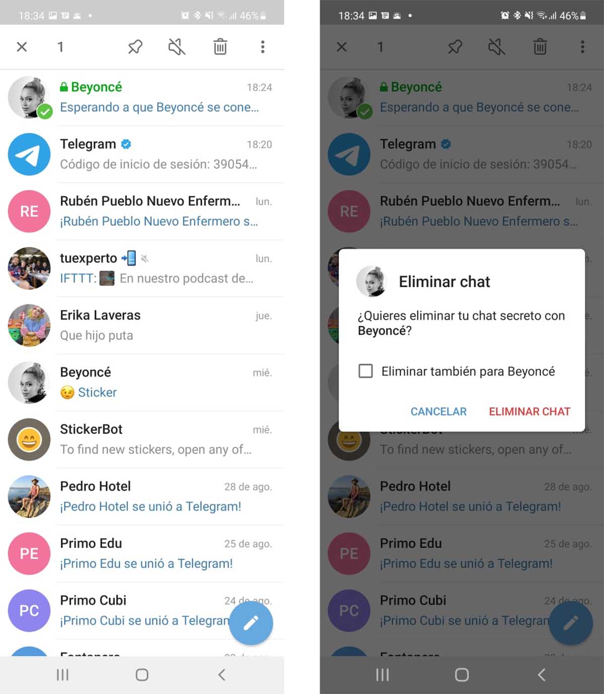 cómo eliminar un chat secreto en Telegram