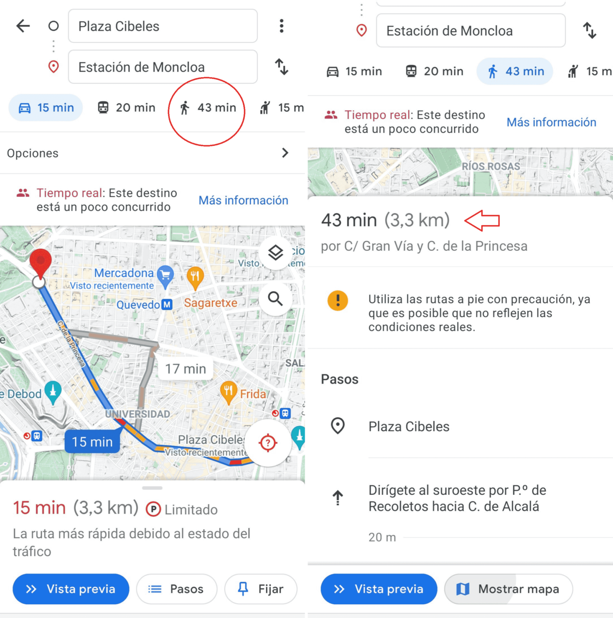 Cómo calcular una ruta caminando en Google Maps
