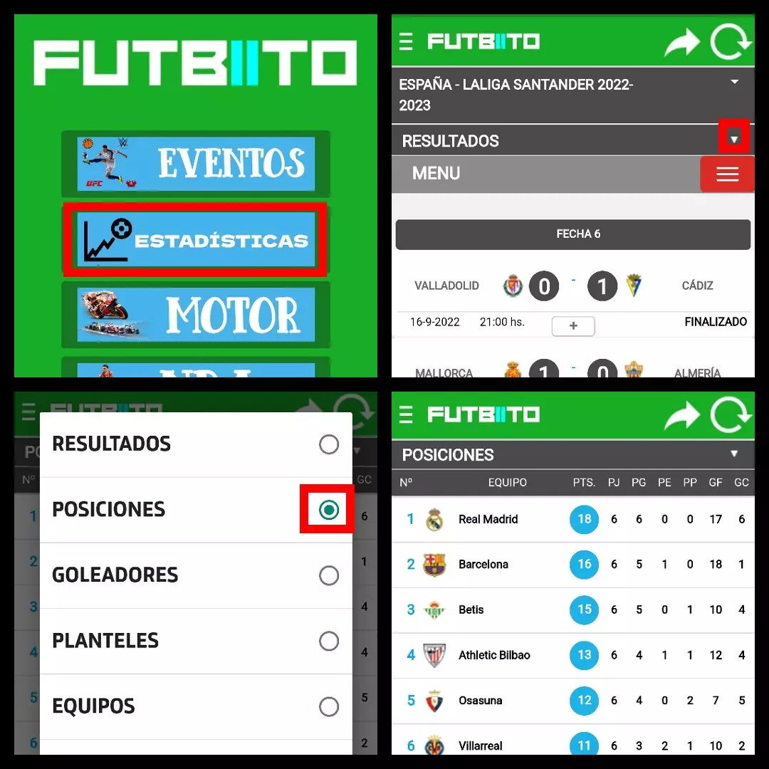 How to know the classification of LaLiga with the app Futbiito 1