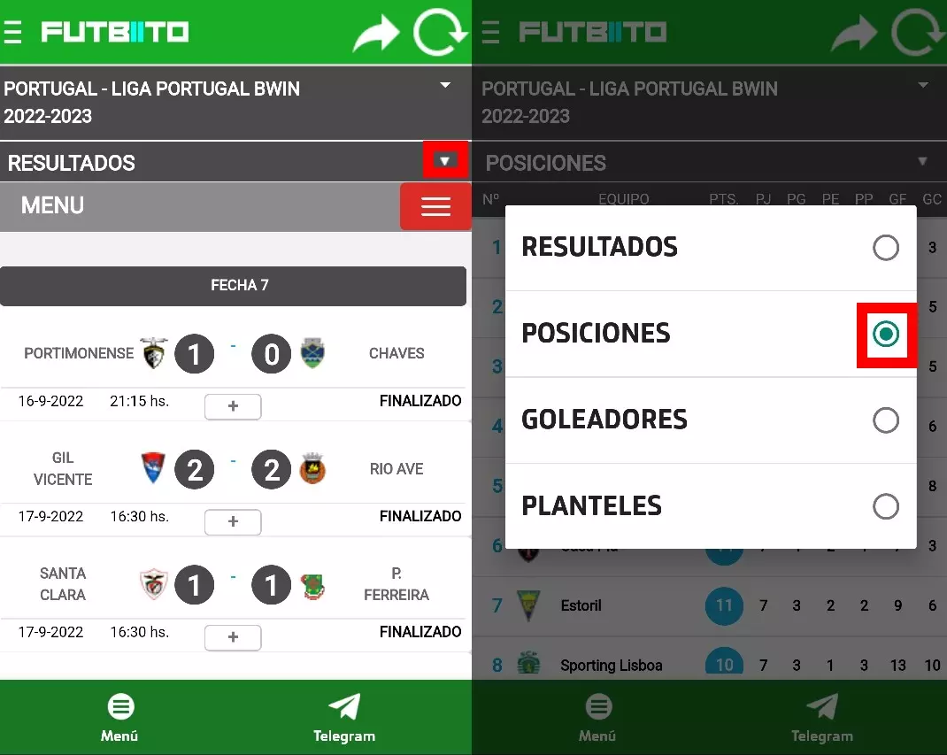How to know the classification of LaLiga with the app Futbiito 3