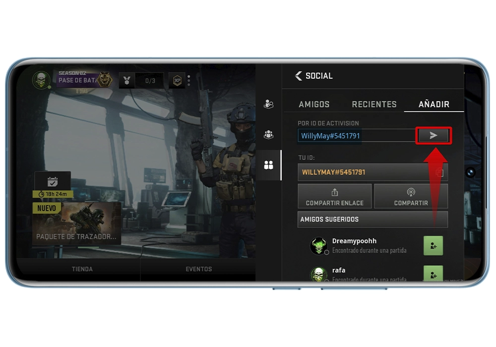 Paso final para agregar amigos en COD Warzone Mobile con ID de Activision