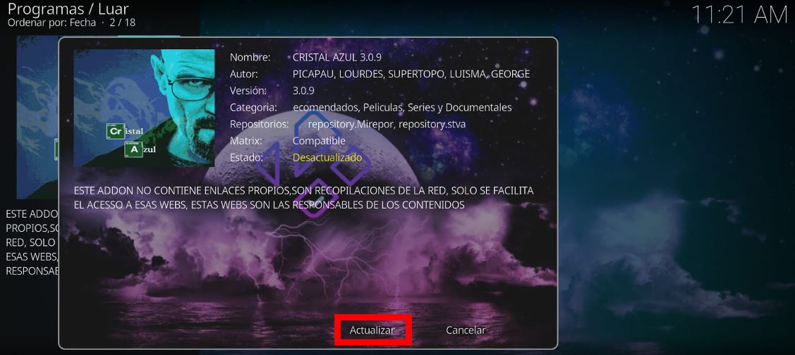 Cómo ver deportes y fútbol gratis en Cristal Azul 3.0.9 en Kodi 6