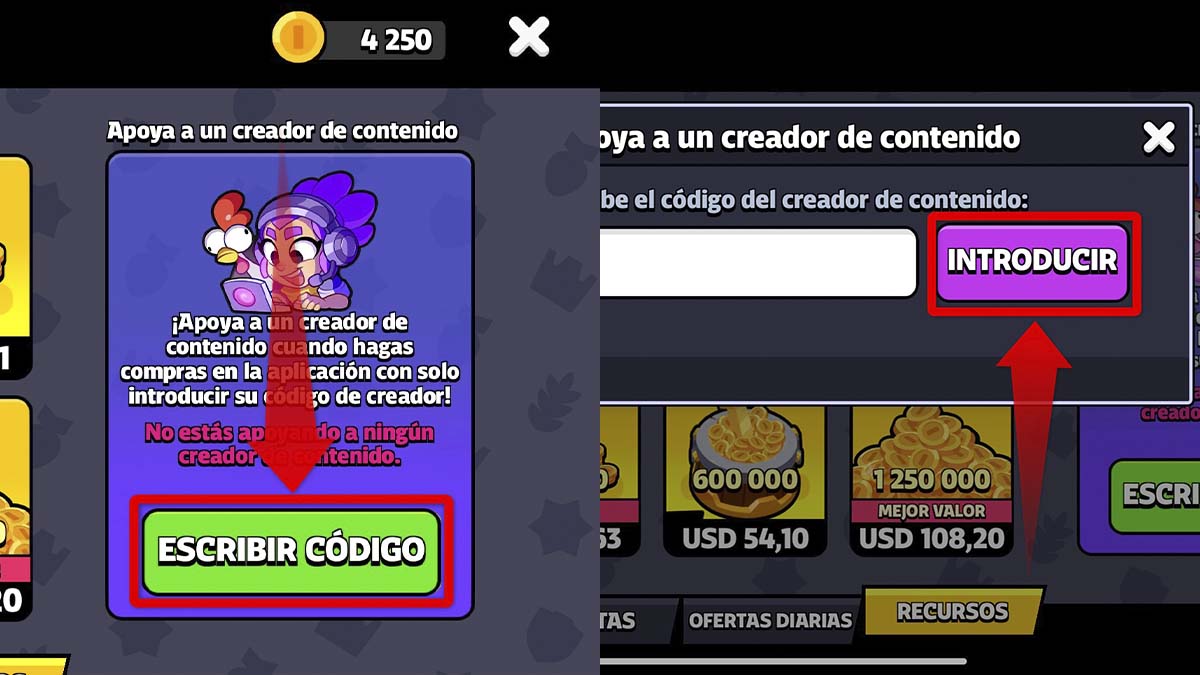 Coloca el código de creador de contenido