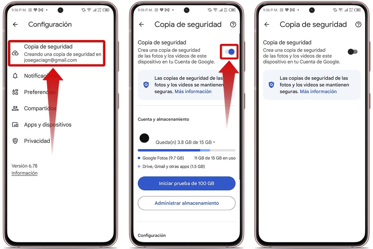 Desactiva el interruptor de Copia de seguridad