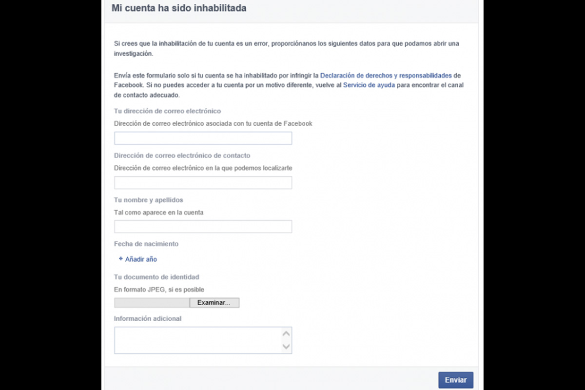 Formulario para recuperar una cuenta inhabilitada en Facebook