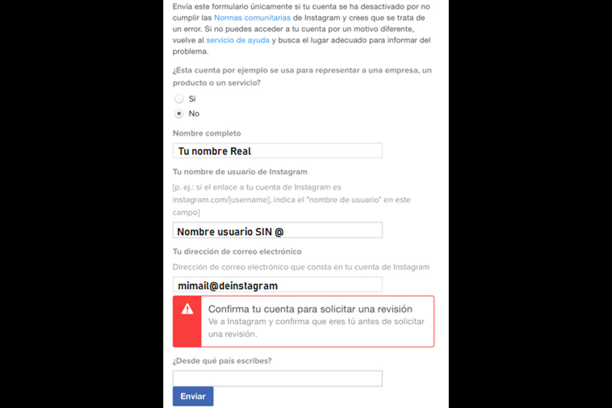 Cómo rellenar el formulario para recuperar tu cuenta inhabilitada de Instagram