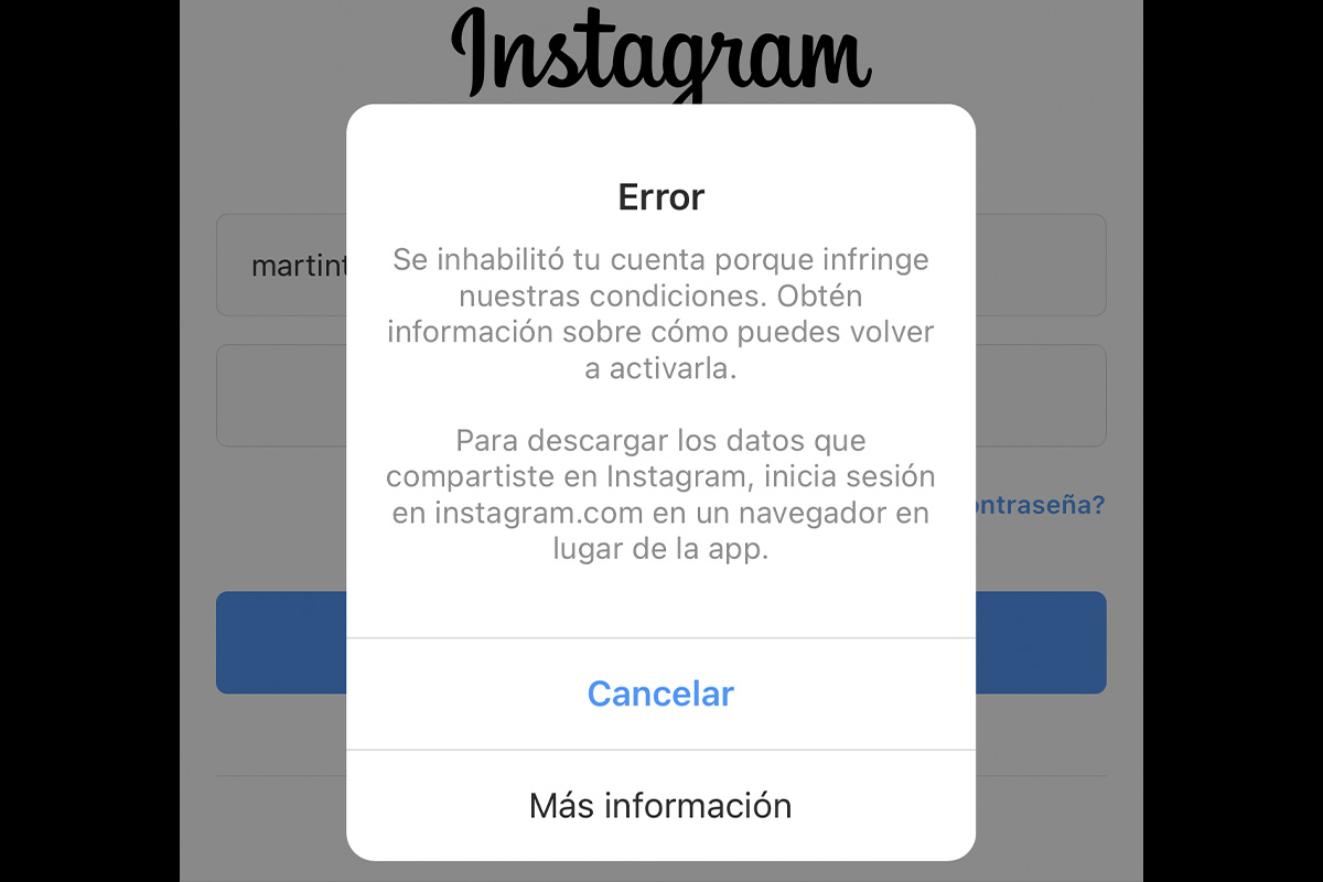 Instagram - se ha desactivado tu cuenta porque infringe nuestras condiciones