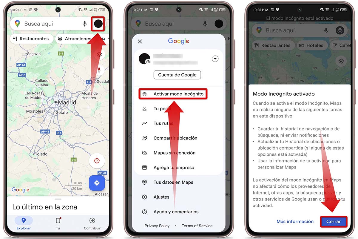 Pasos para activar el modo incógnito de Google Maps en móvil