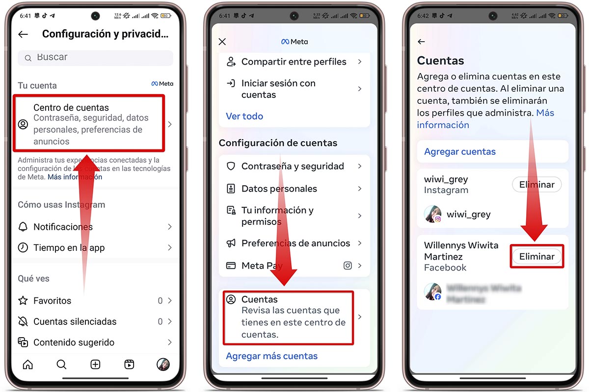Ve al Centro de cuentas para desvincular Instagram de Facebook desde mi móvil