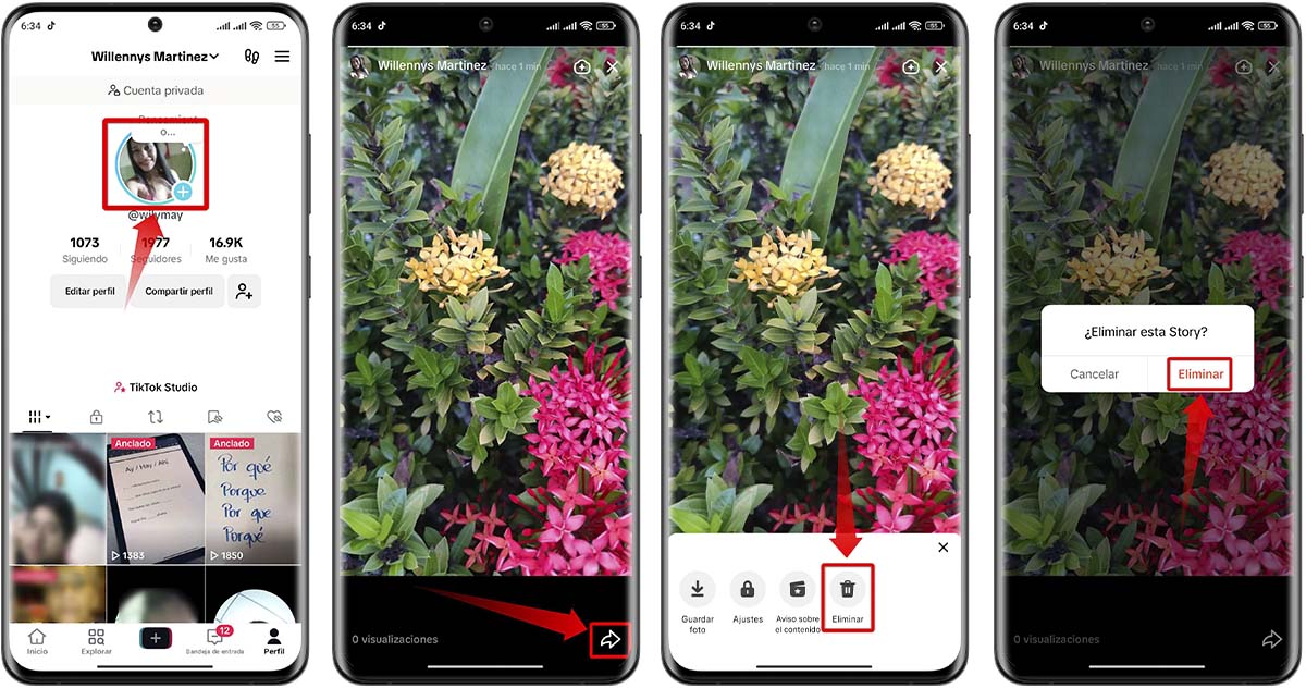 Pasos para borrar o eliminar una historia de TikTok