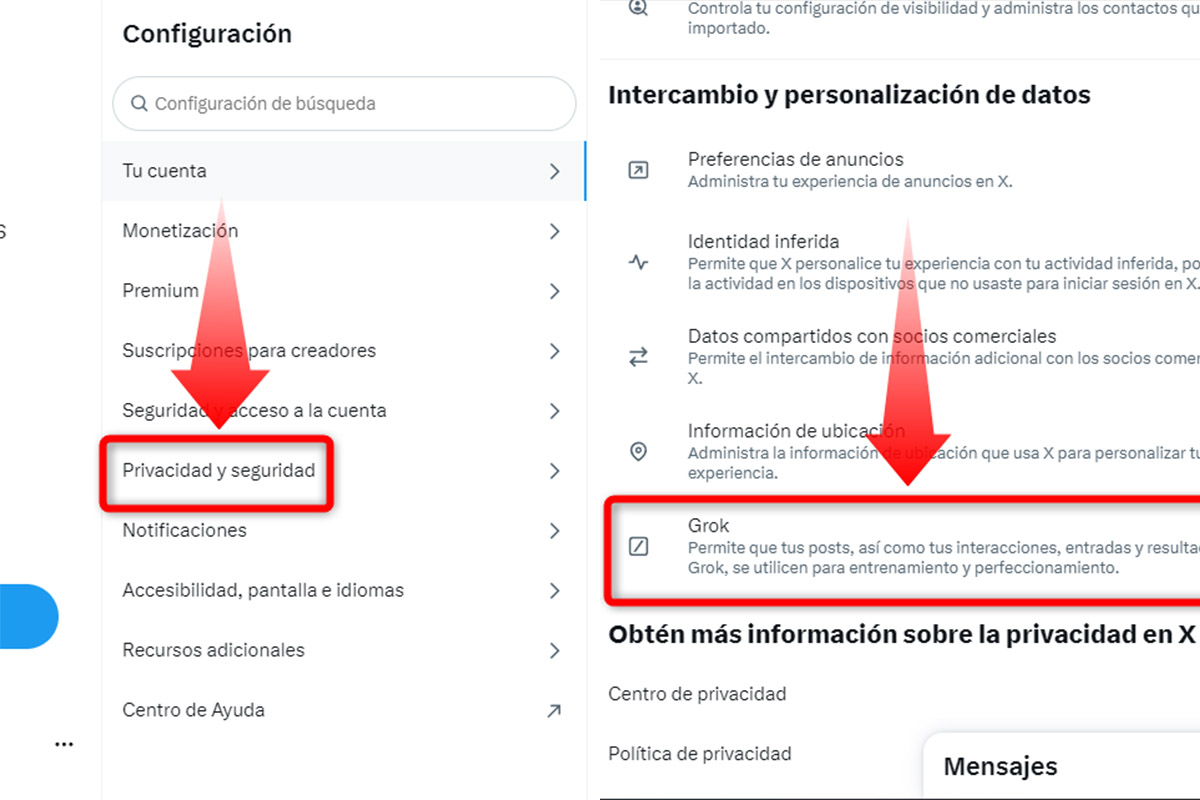 Entra en Privacidad y Seguridad de X