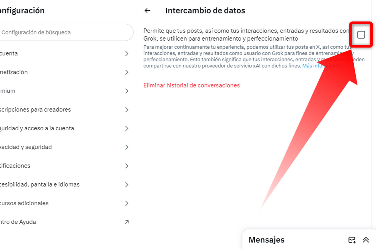 Desmarca la casilla que permite que tus publicaciones y mensajes sean utilizados para entrenar a Grok