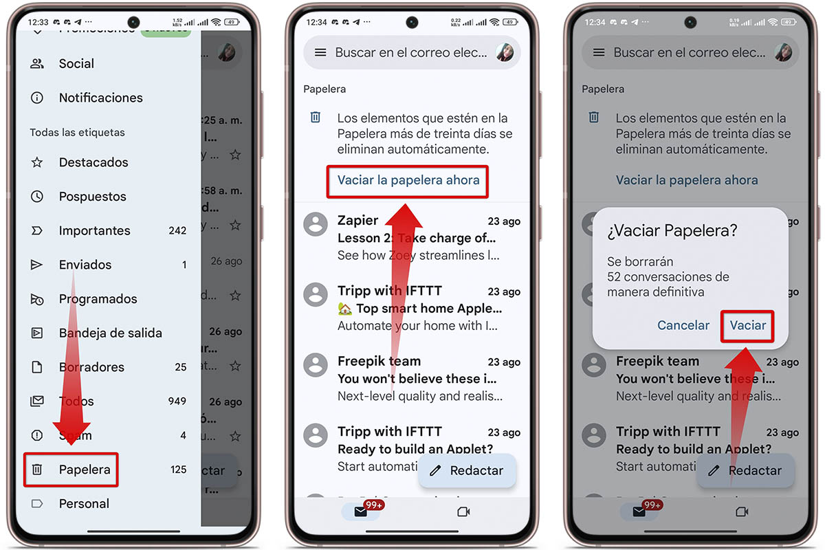 Cómo borrar correos de Gmail: carpeta de spam y papelera