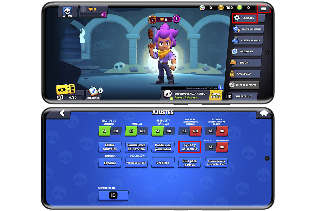 Entra en los ajustes de Brawl Stars