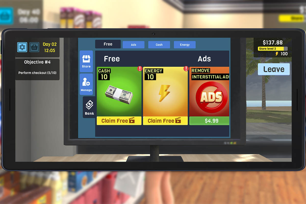Trucos para conseguir dinero ilimitado y energía infinita en Manage Supermarket Simulator: ve anuncios publicitarios