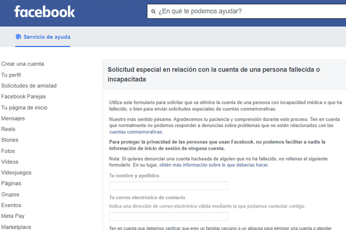Así se ve el formulario de solicitud especial en relación con la cuenta de una persona fallecida