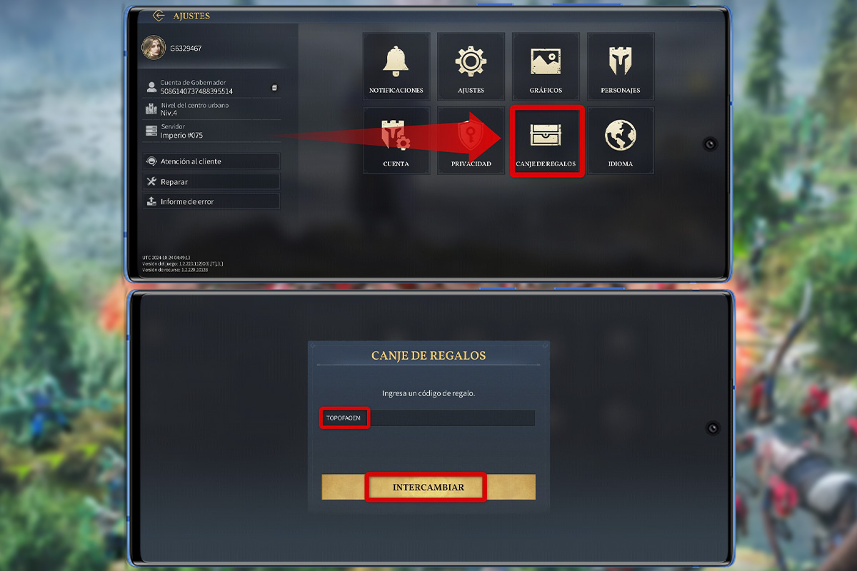 Toca el icono de canje de regalos y coloca el código secreto