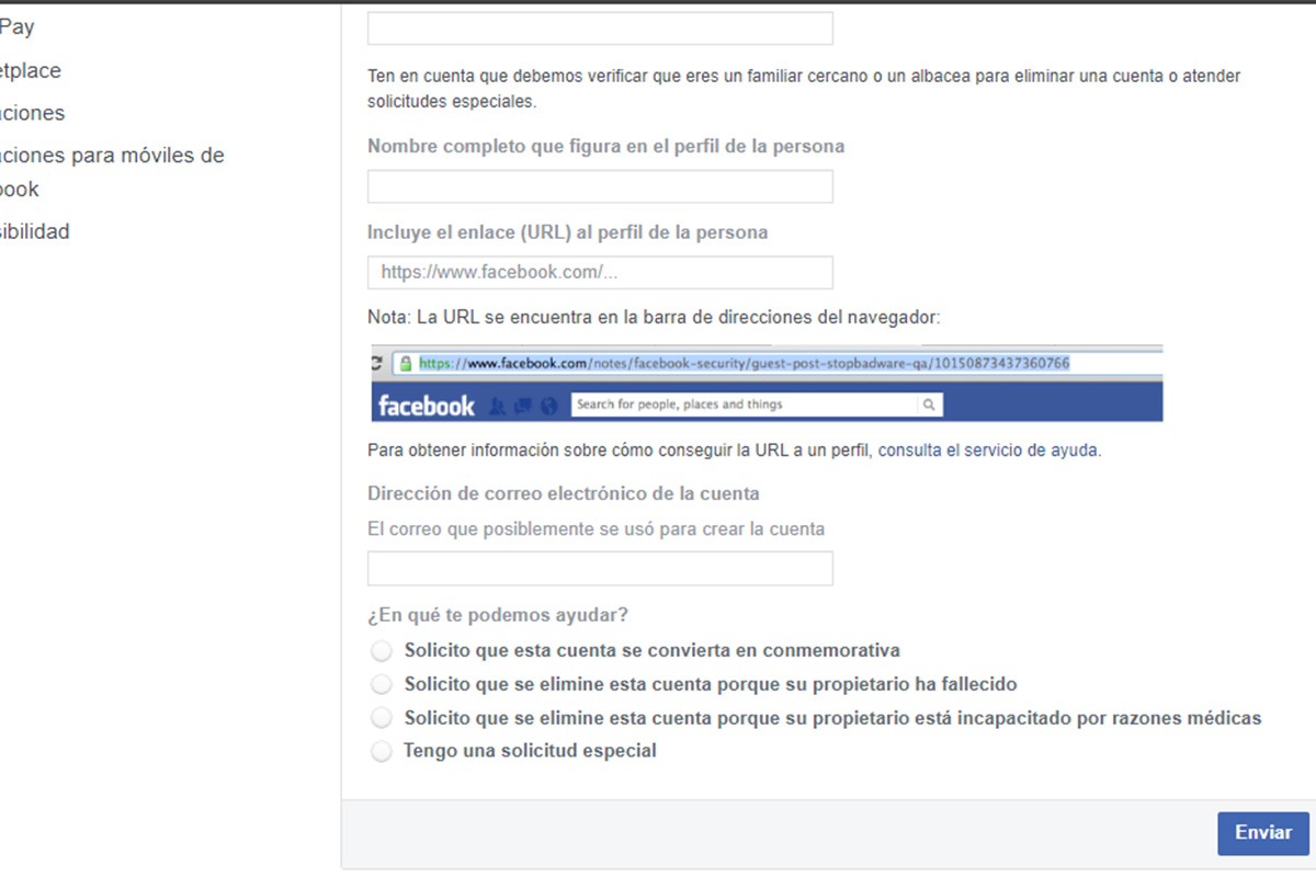 Completa el formulario con los datos requeridos para borrar la cuenta de un familiar fallecido