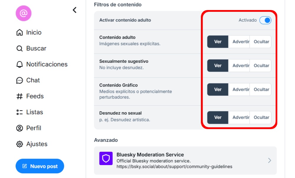 activar contenido adulto bluesky