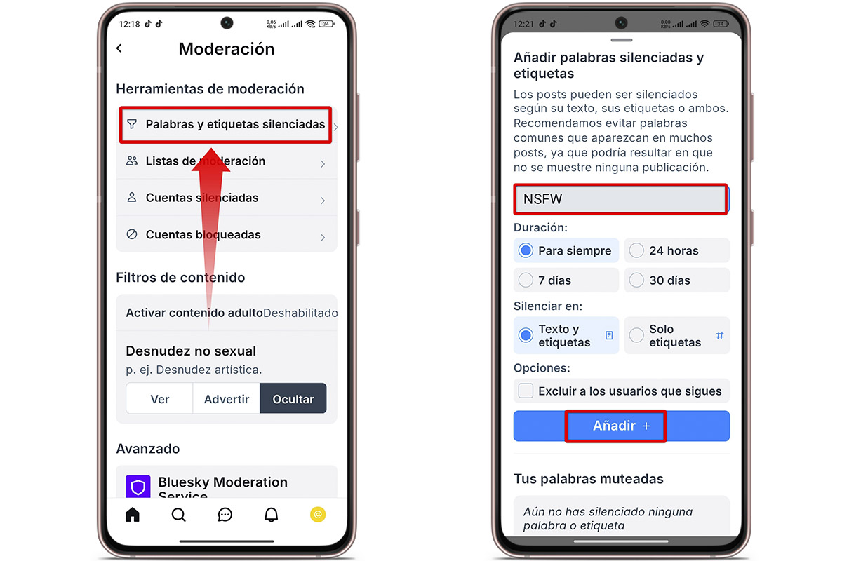Palabras y etiquetas silenciadas