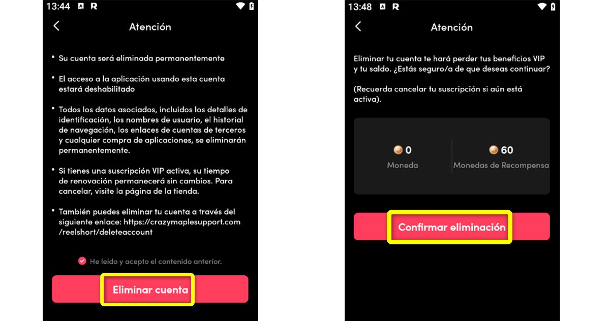 Confirma la eliminación de la cuenta