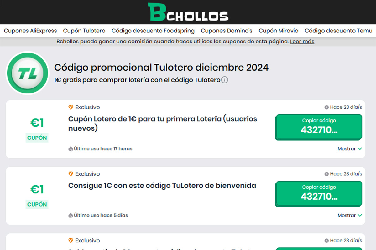 Mejores páginas web para encontrar códigos promocionales para la app TuLotero - Bchollos