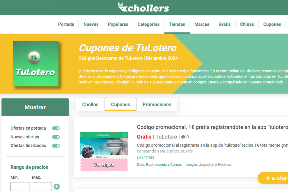 Mejores páginas web para encontrar códigos promocionales para la app TuLotero - Chollers