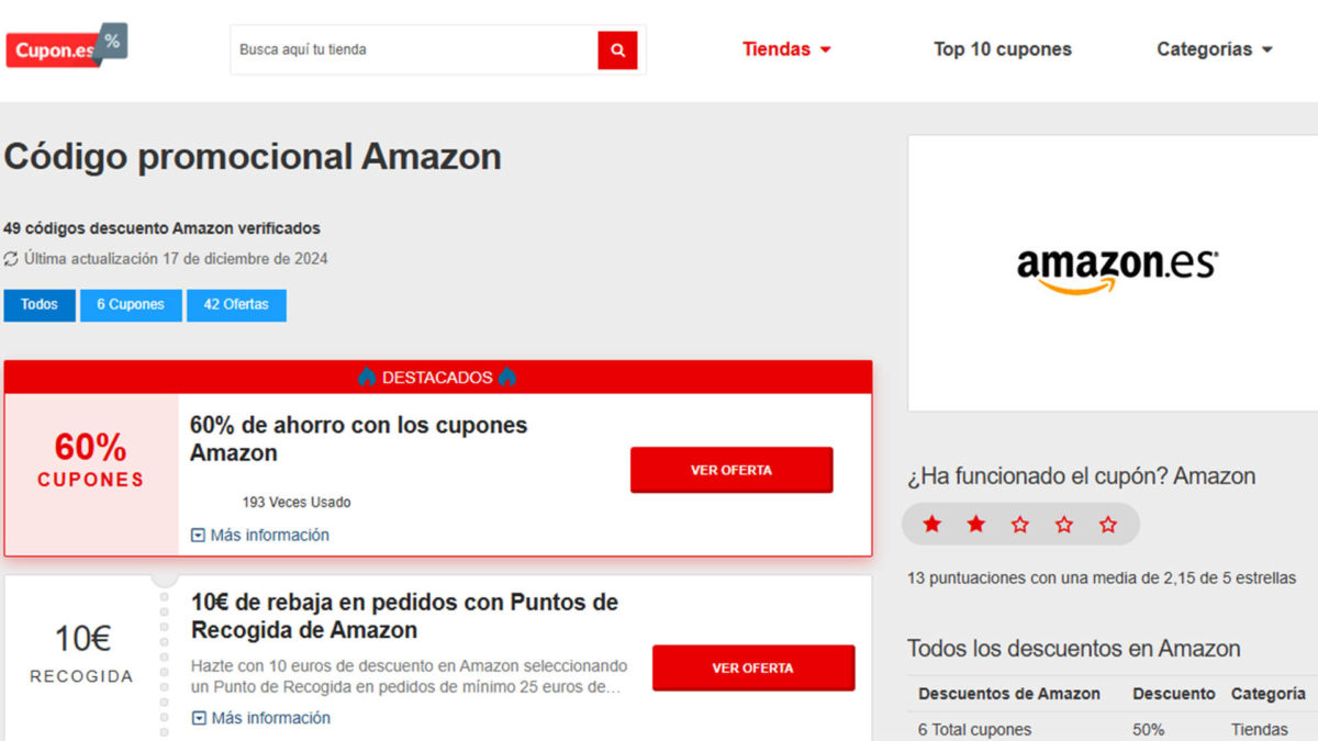 Páginas web para encontrar código de promoción y descuento en Amazon - Cupon.es