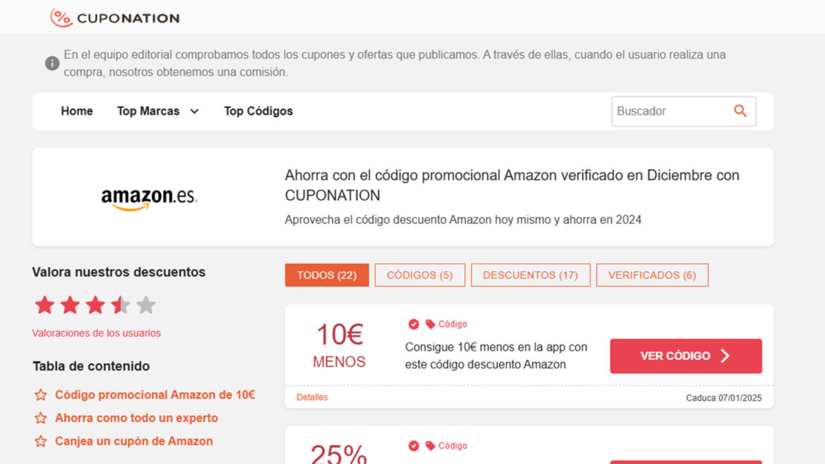 Páginas web para encontrar código de promoción y descuento en Amazon - Cuponation