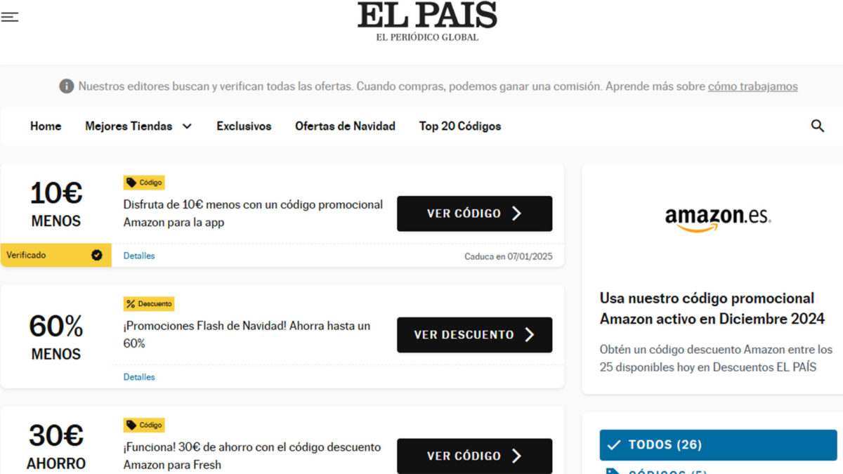 Páginas web para encontrar código de promoción y descuento en Amazon - El País
