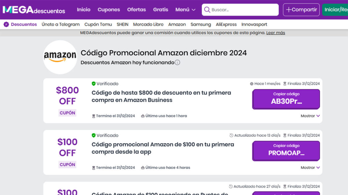 Páginas web para encontrar código de promoción y descuento en Amazon - Megadescuentos