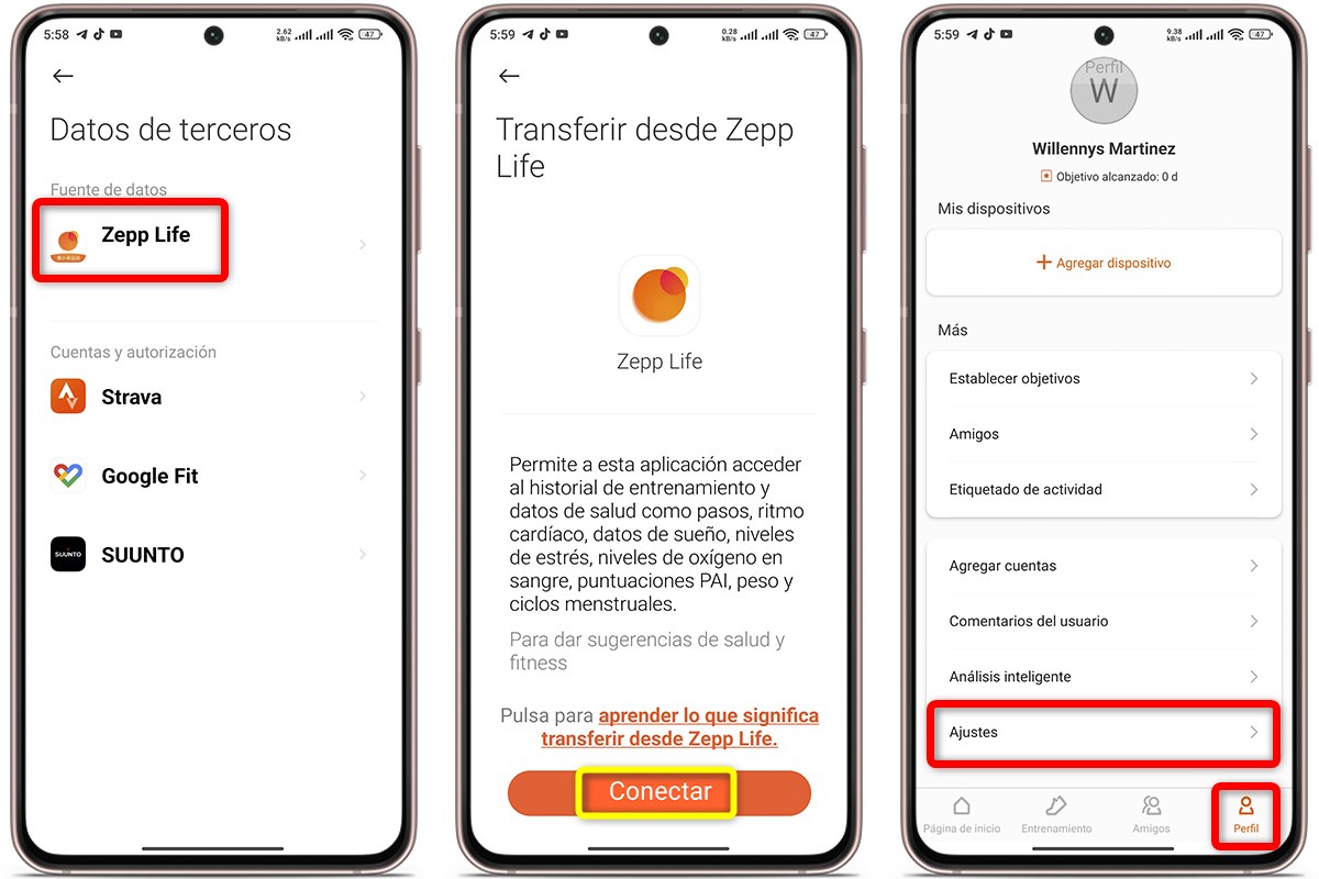 Abre la app Zepp Life y toca "Perfil" en la parte inferior derecha