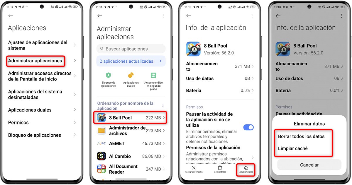 Conexión perdida en 8 Ball Pool - Borra la caché de la aplicación