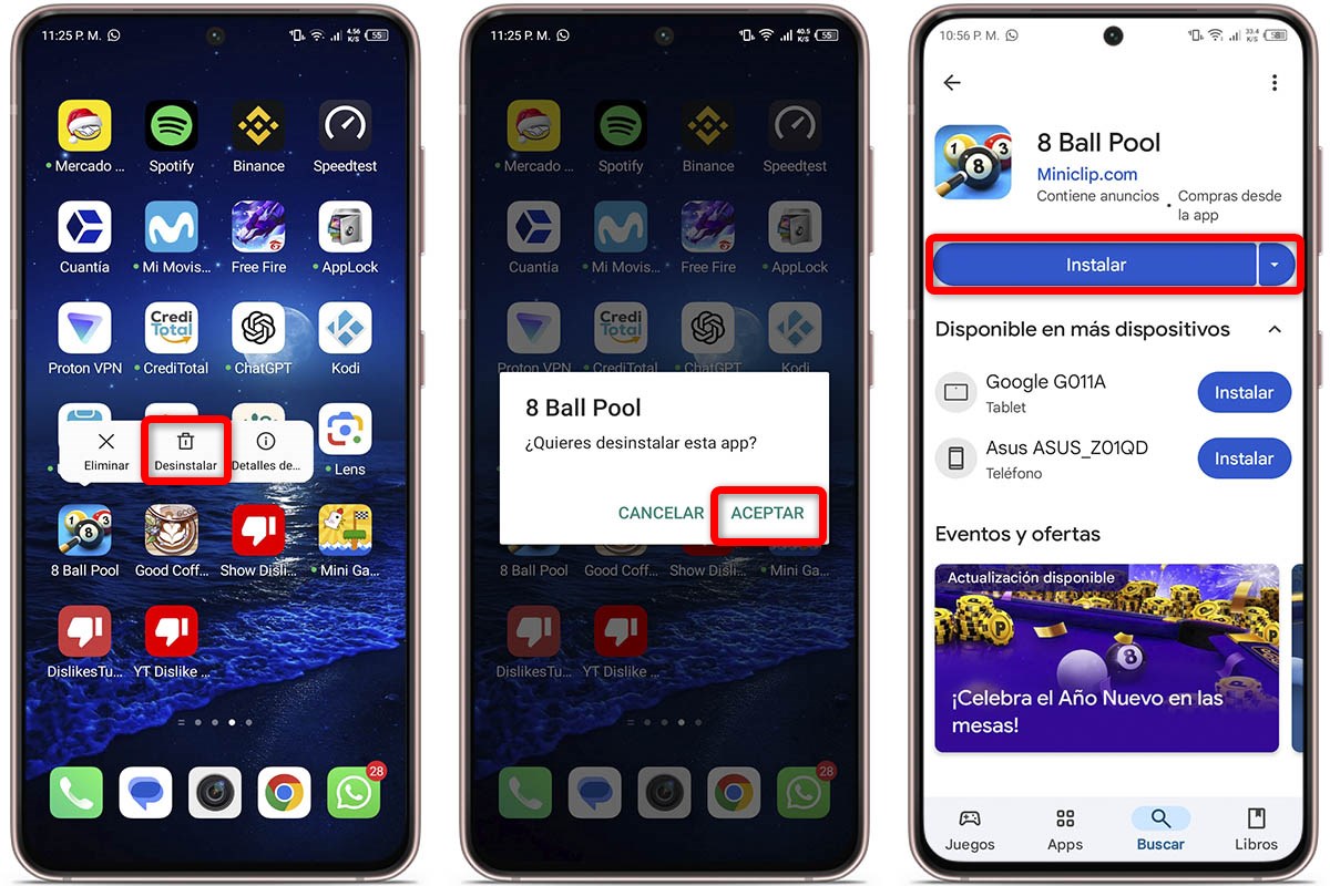Conexión perdida en 8 Ball Pool - Desinstala y reinstala la aplicación