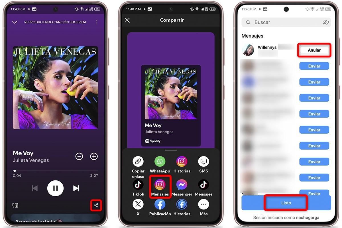 Formas de enviar música por mensaje en Instagram - Desde plataformas de música