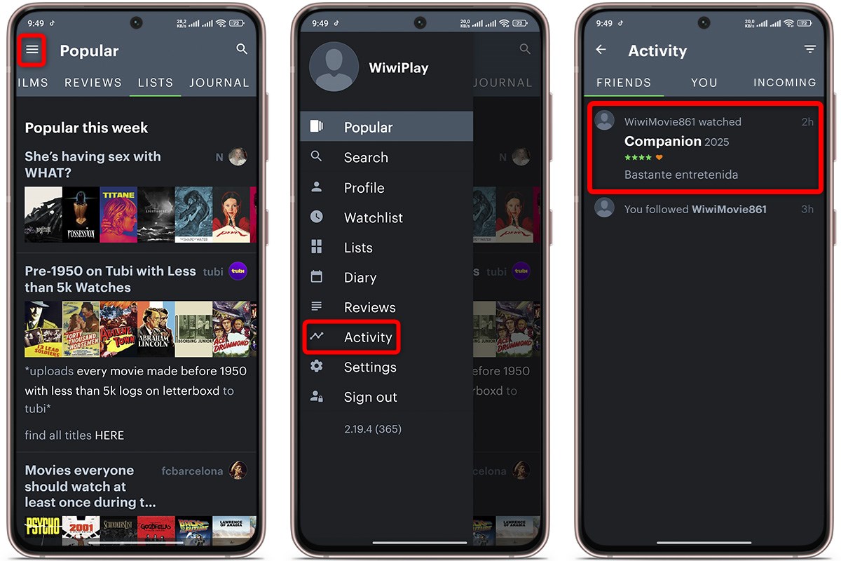 Cómo saber qué películas ven mis amigos en Letterboxd desde el menú lateral