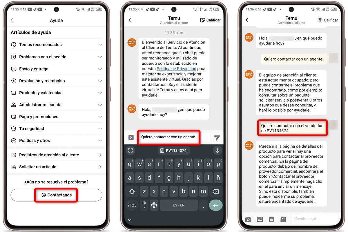 Usa el chat en línea para contactar con el vendedor en Temu
