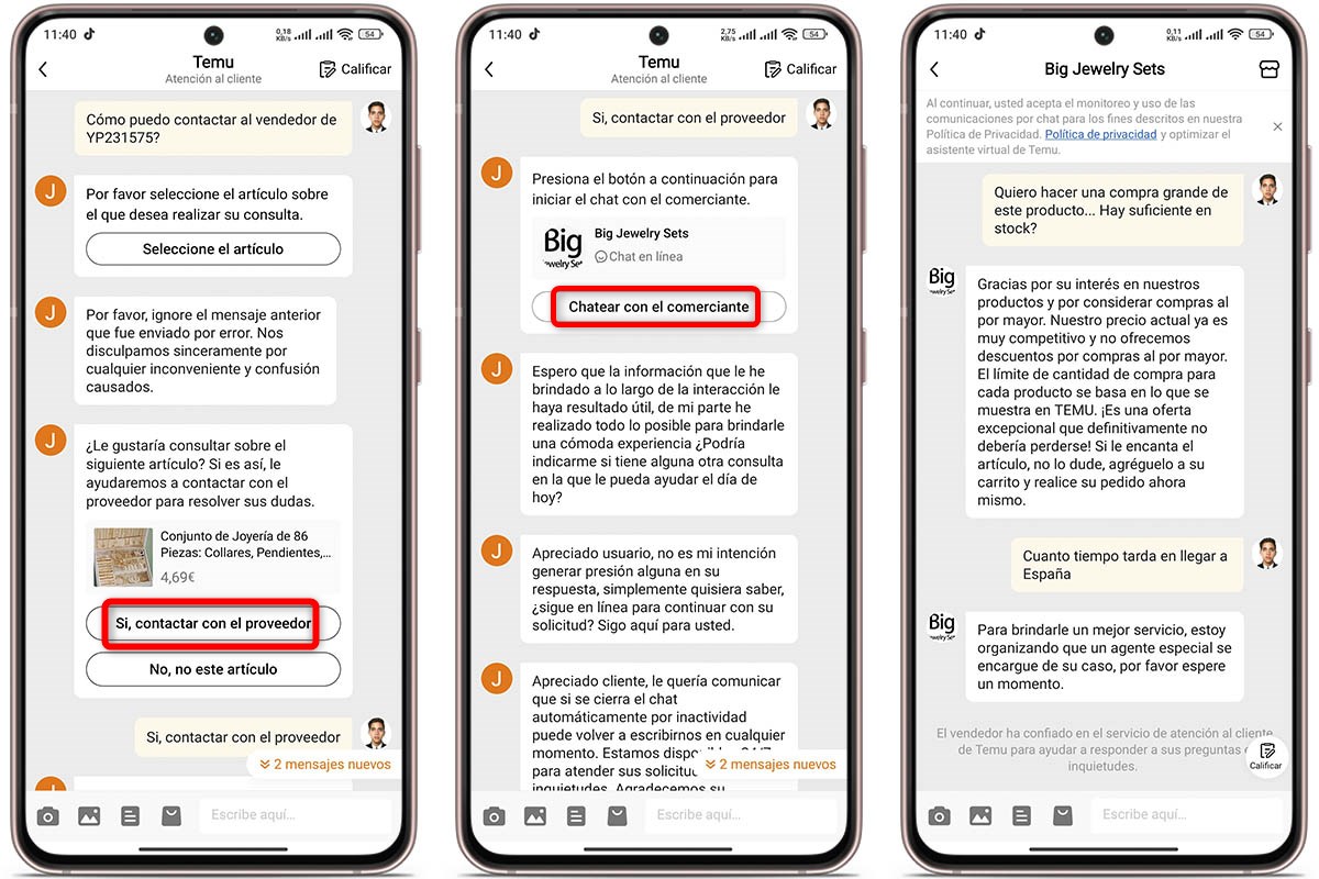Así se ve el chat del proveedor una vez que logras contactar con el vendedor en Temu