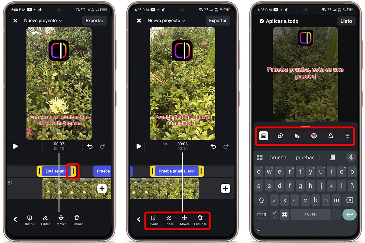Cómo poner subtítulos gratis en tus vídeos con Edits de Instagram - Ajusta los tiempos manualmente