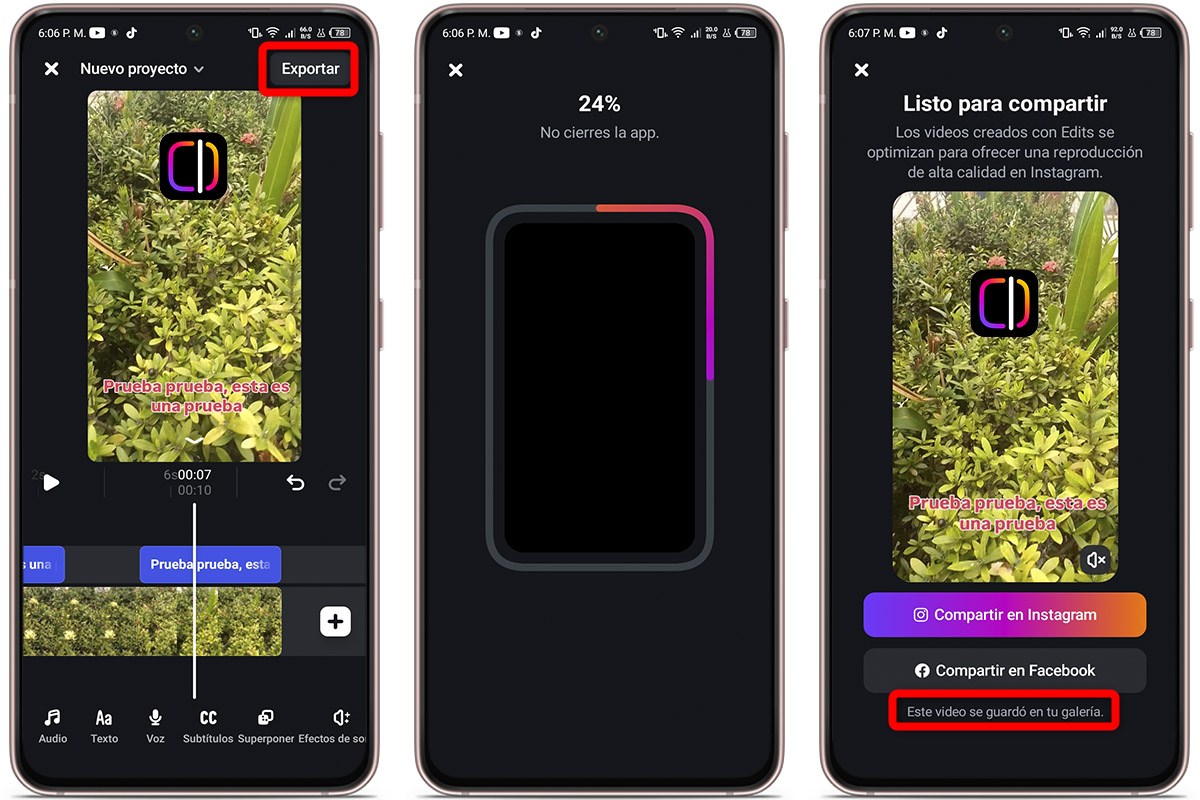 Cómo poner subtítulos gratis en tus vídeos con Edits de Instagram - Revisa y exporta tu vídeo
